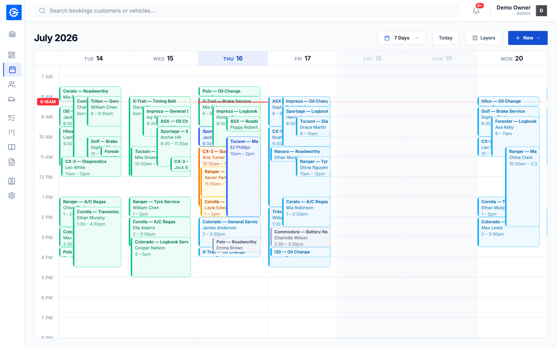 EasyGarage weekly calendar packed with workshop bookings across the week
