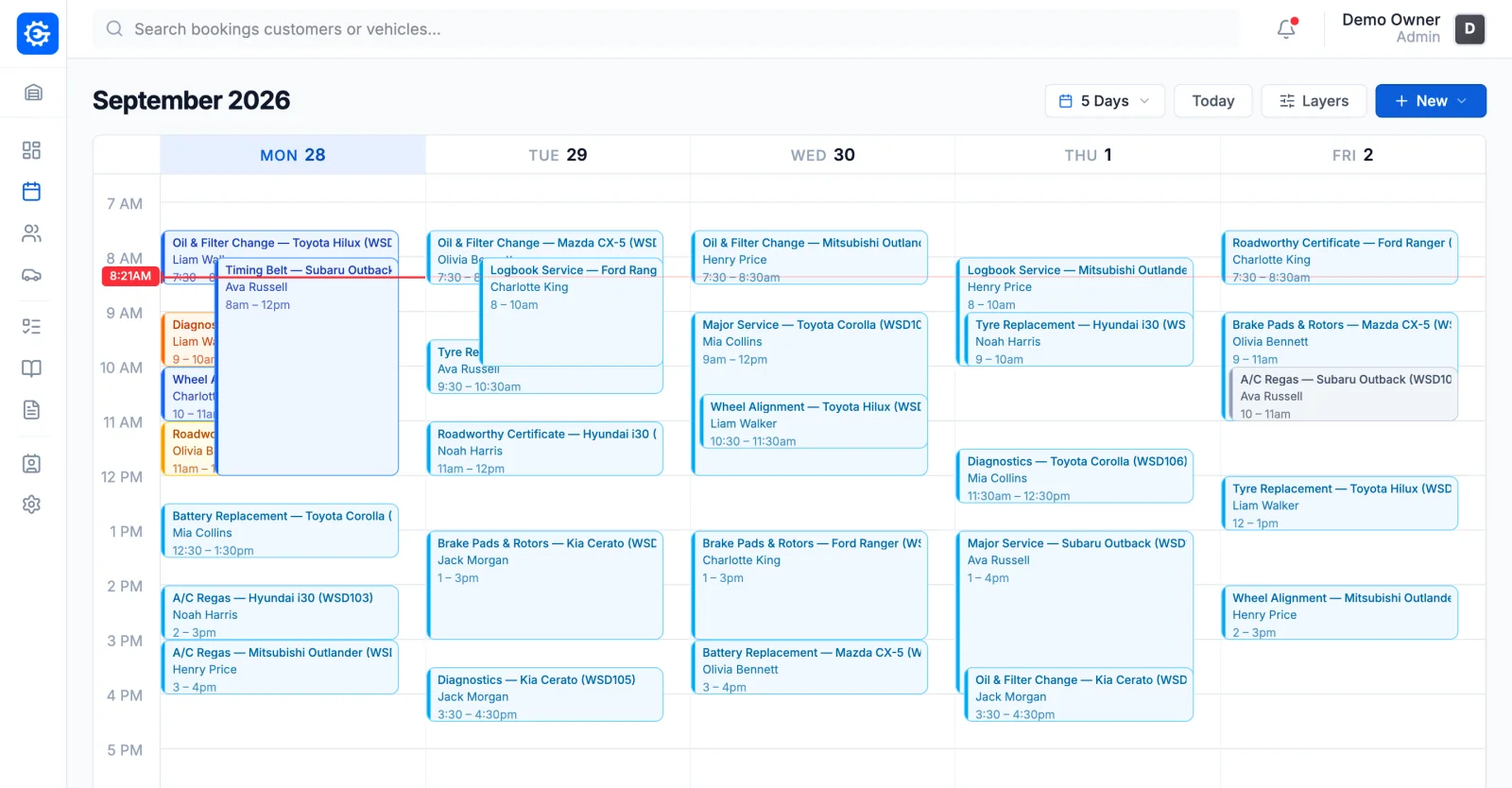 EasyGarage calendar showing a full week of bookings across the business