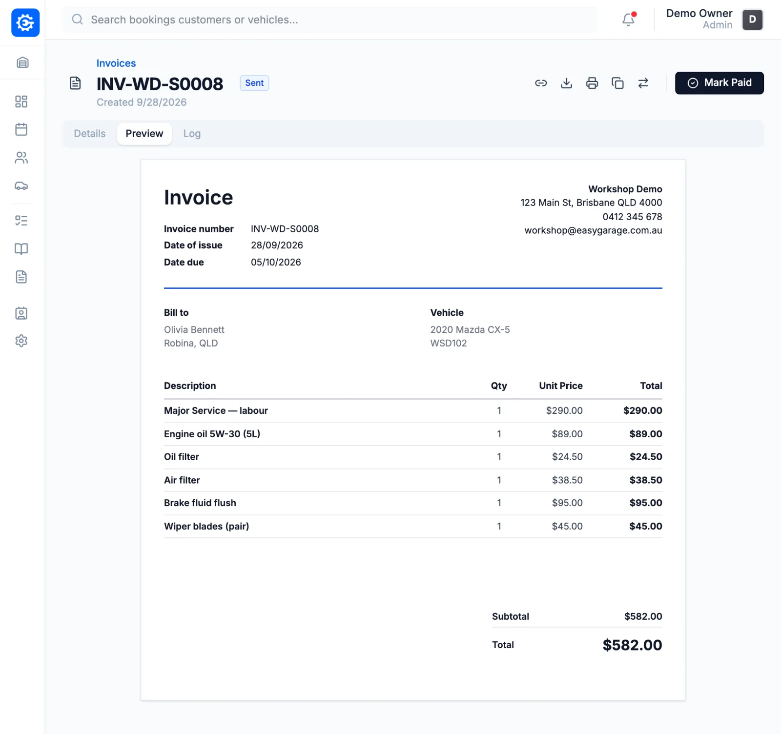 An EasyGarage invoice preview, sent to the customer, with parts, labour and total