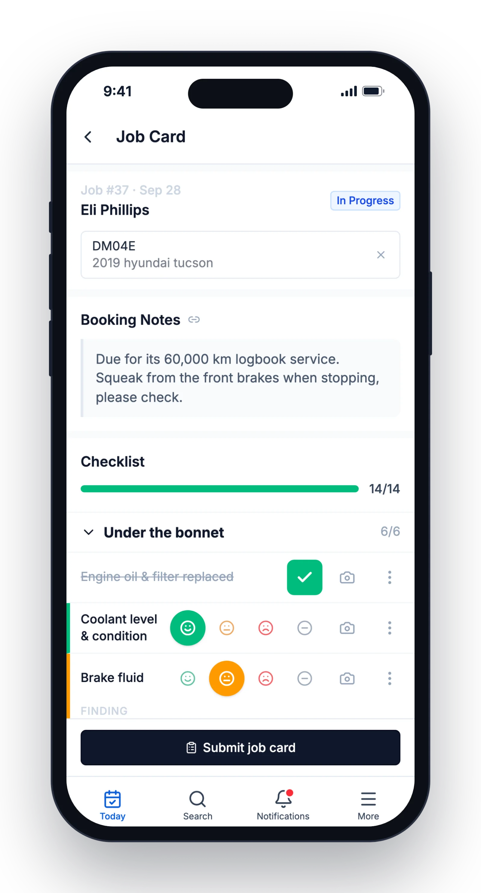EasyGarage job card on a phone with the Major Service checklist