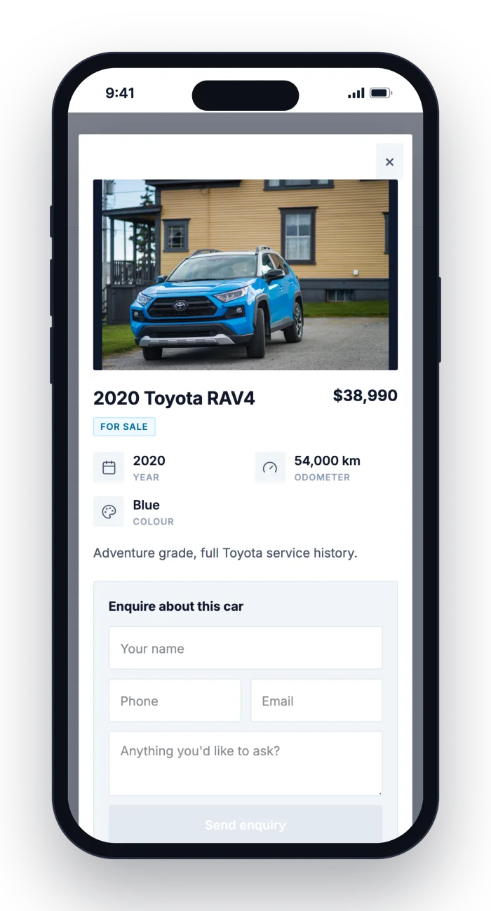 A buyer's phone showing the 2020 Toyota RAV4 on the showroom with an enquiry form