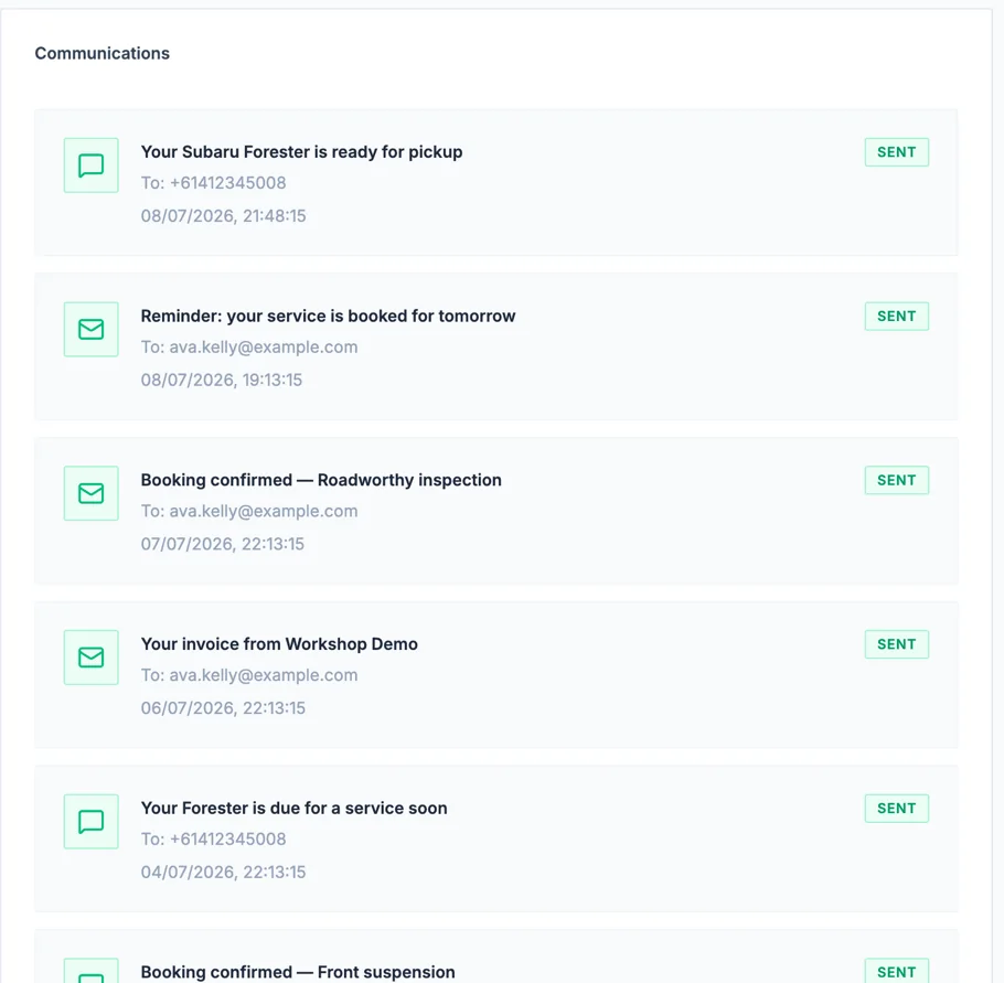 A customer's message history in EasyGarage: service reminders, booking confirmations and invoices, all sent