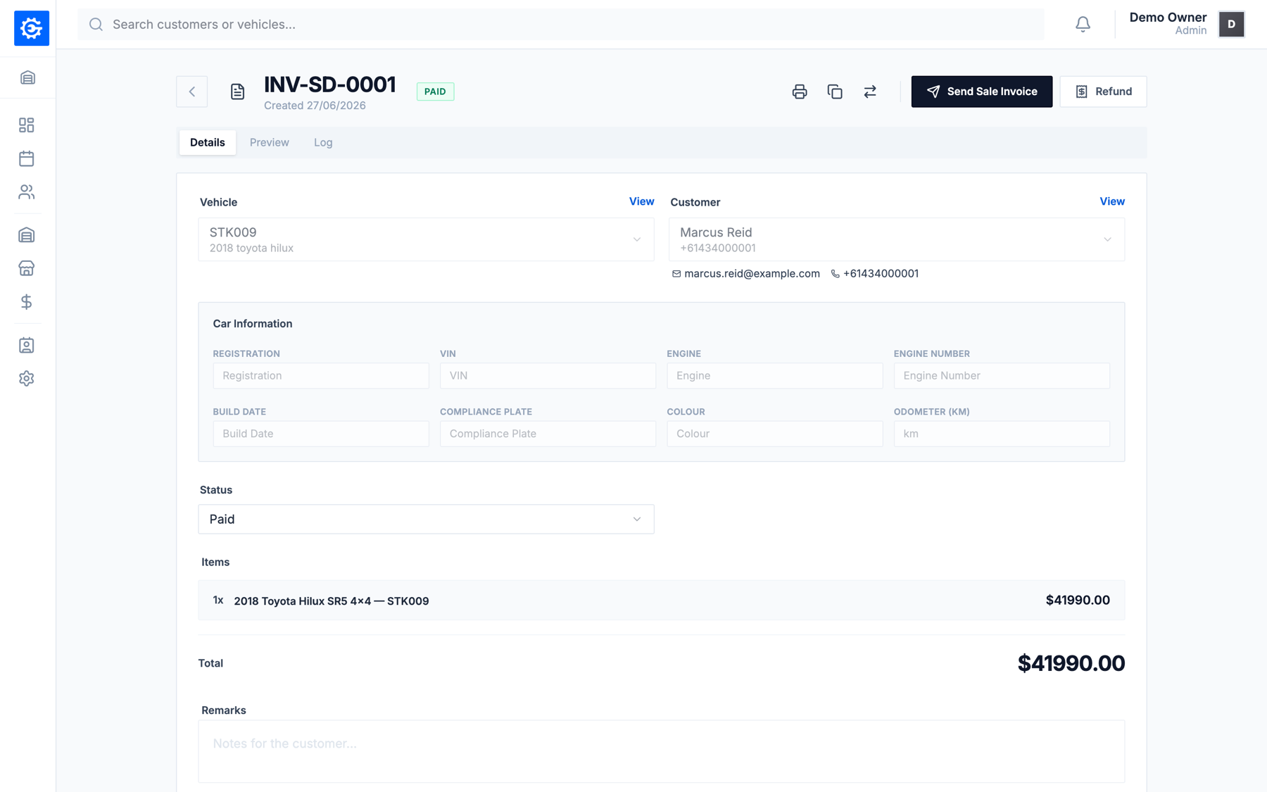 EasyGarage sale invoice with trade-in, on-road costs and GST calculated