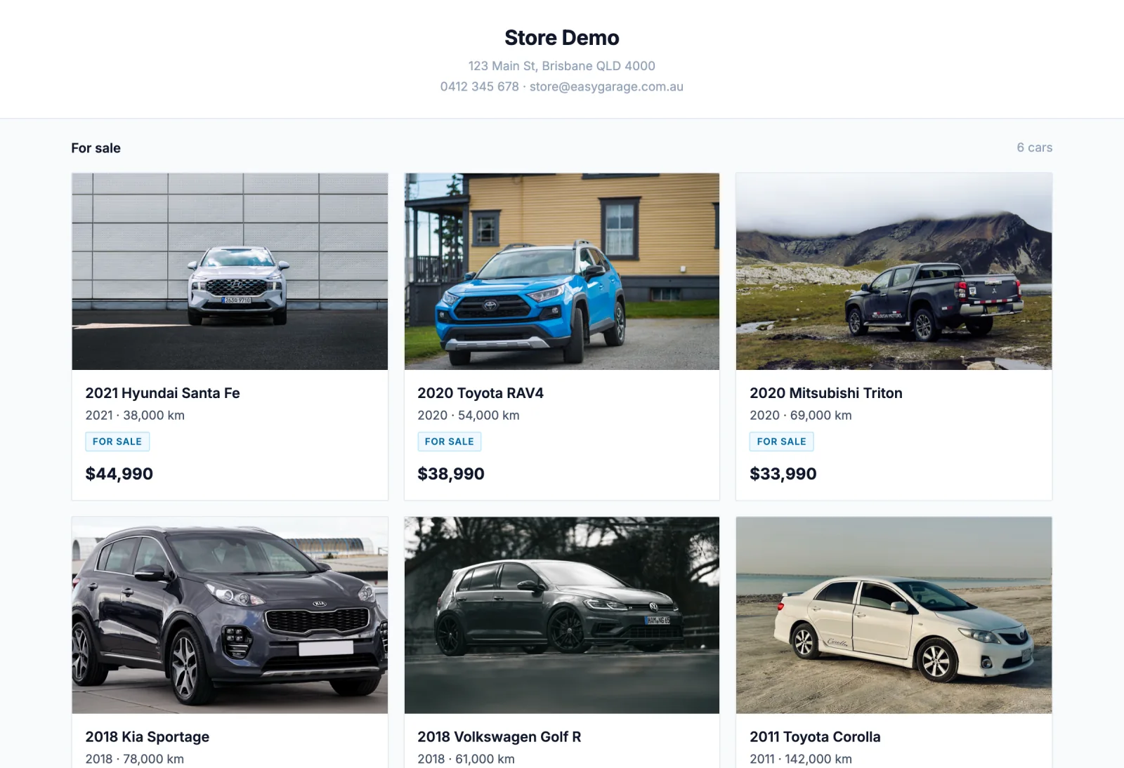 An EasyGarage showroom gallery with six cars for sale, their photos and prices