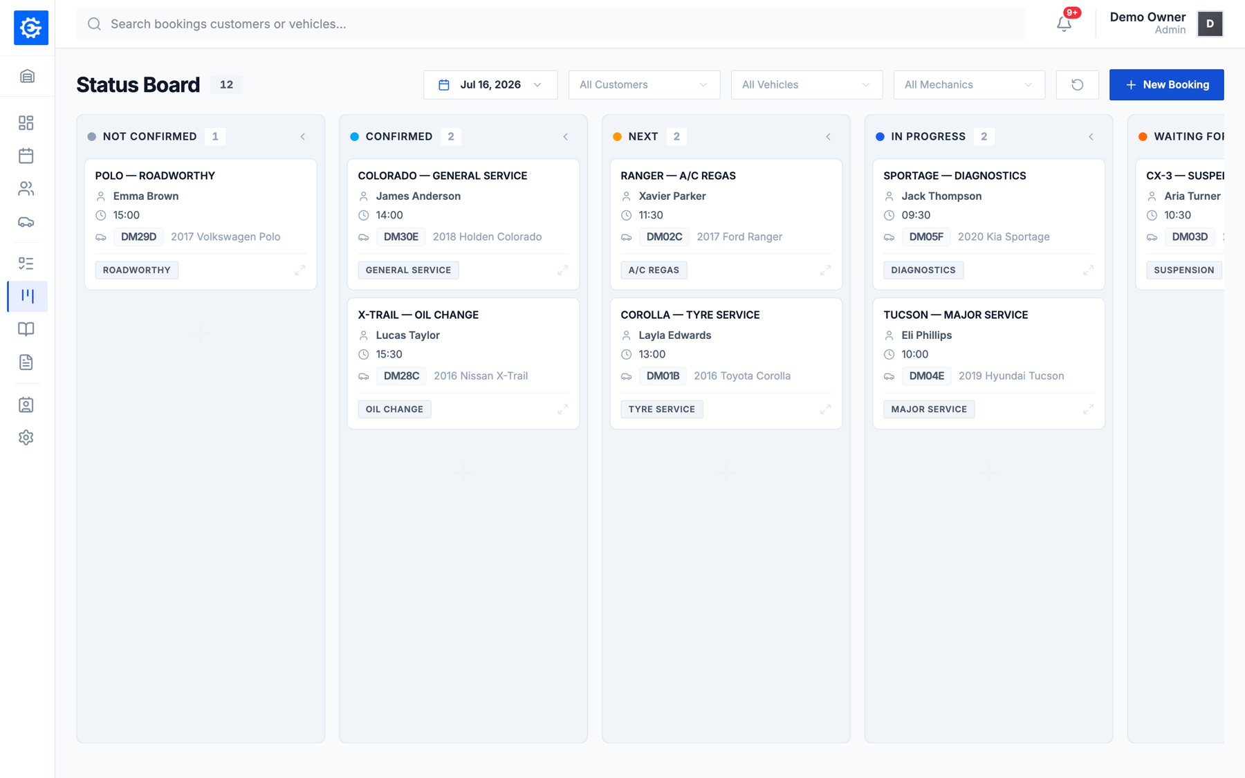 EasyGarage status board showing workshop jobs moving from confirmed through in-progress to complete