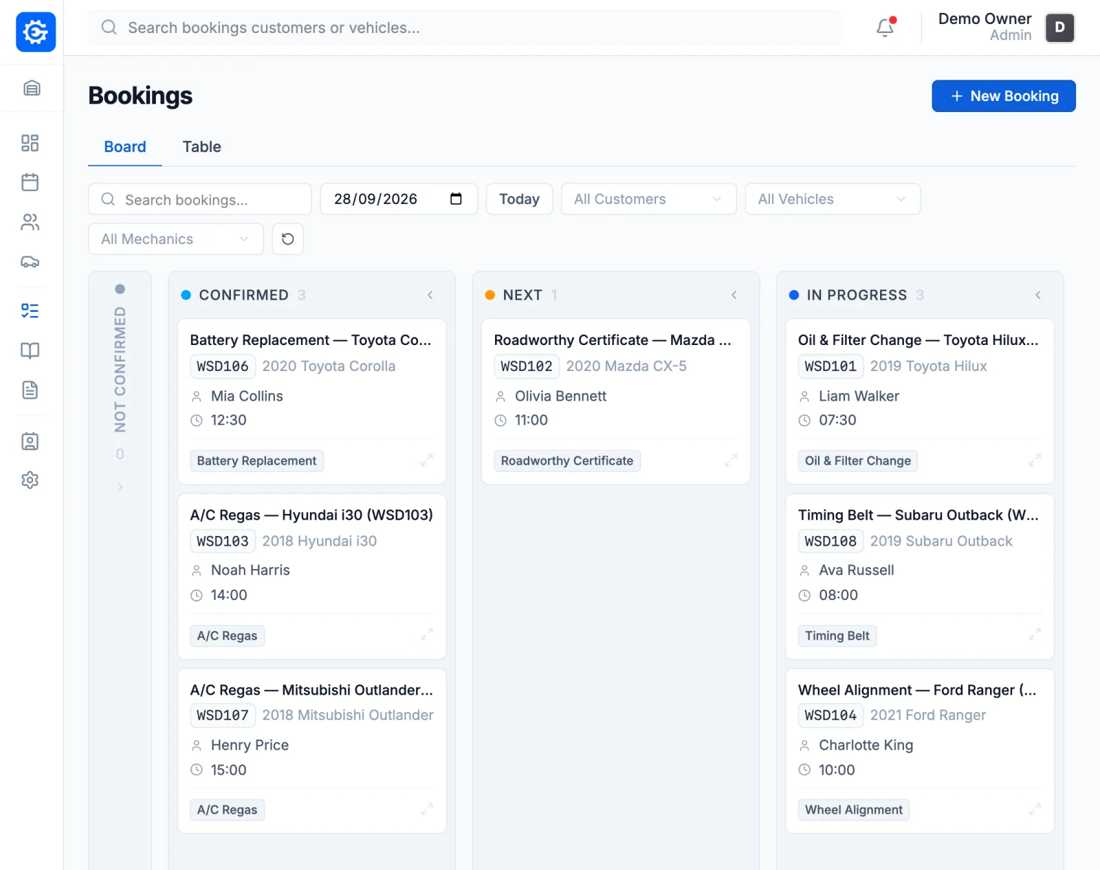 EasyGarage job board with jobs from confirmed to in progress