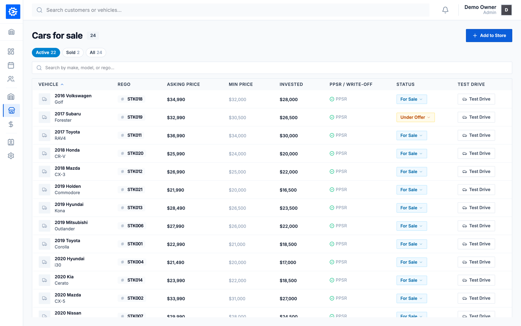EasyGarage dealership view showing cars for sale, leads and test-drive bookings at a glance