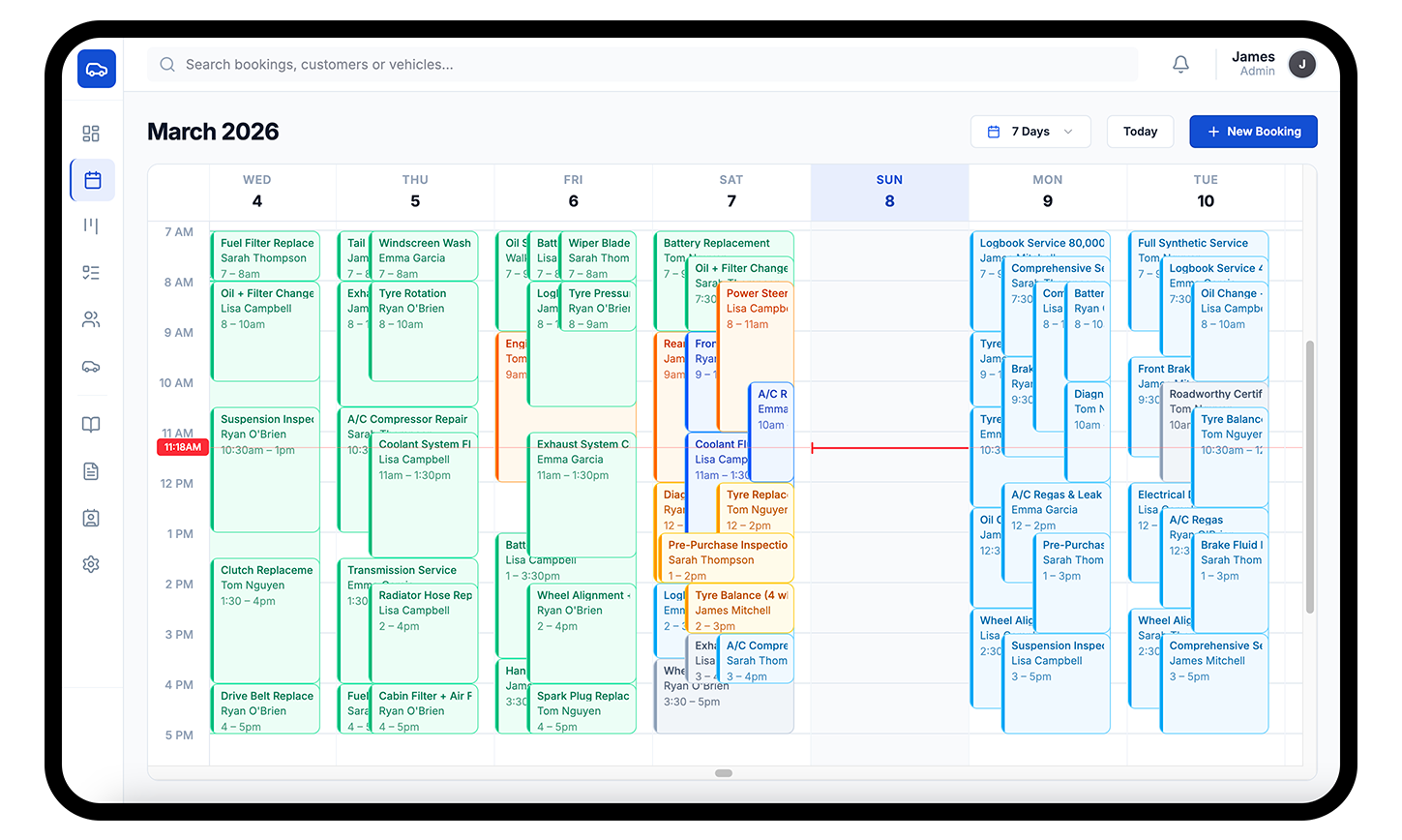 EasyGarage calendar view showing a full week of workshop bookings on a tablet